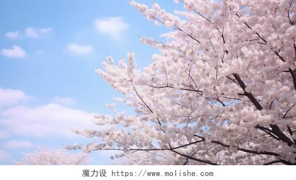 蓝天下白色的樱花盛开的樱花特写镜头浪漫风景唯美壁纸